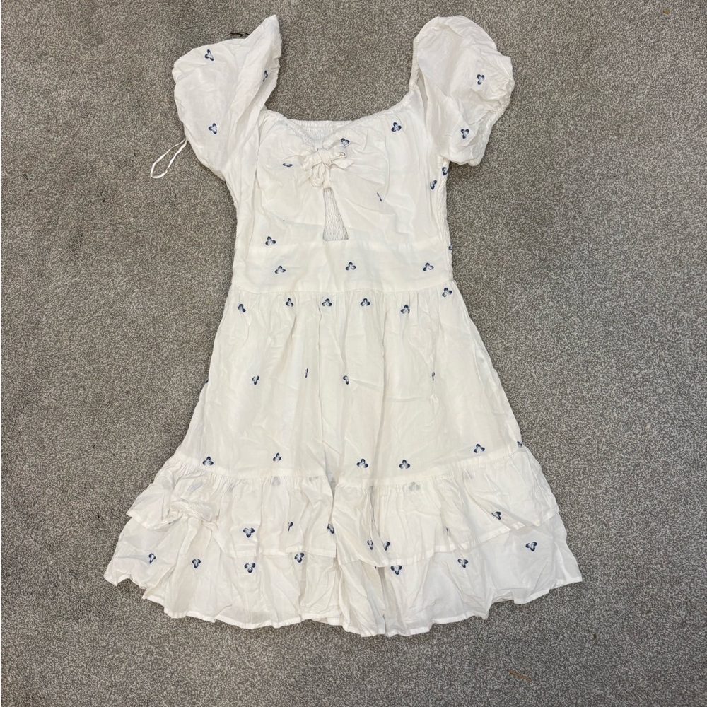 Japna White 100% Mini Dress with Navy floral embroidery